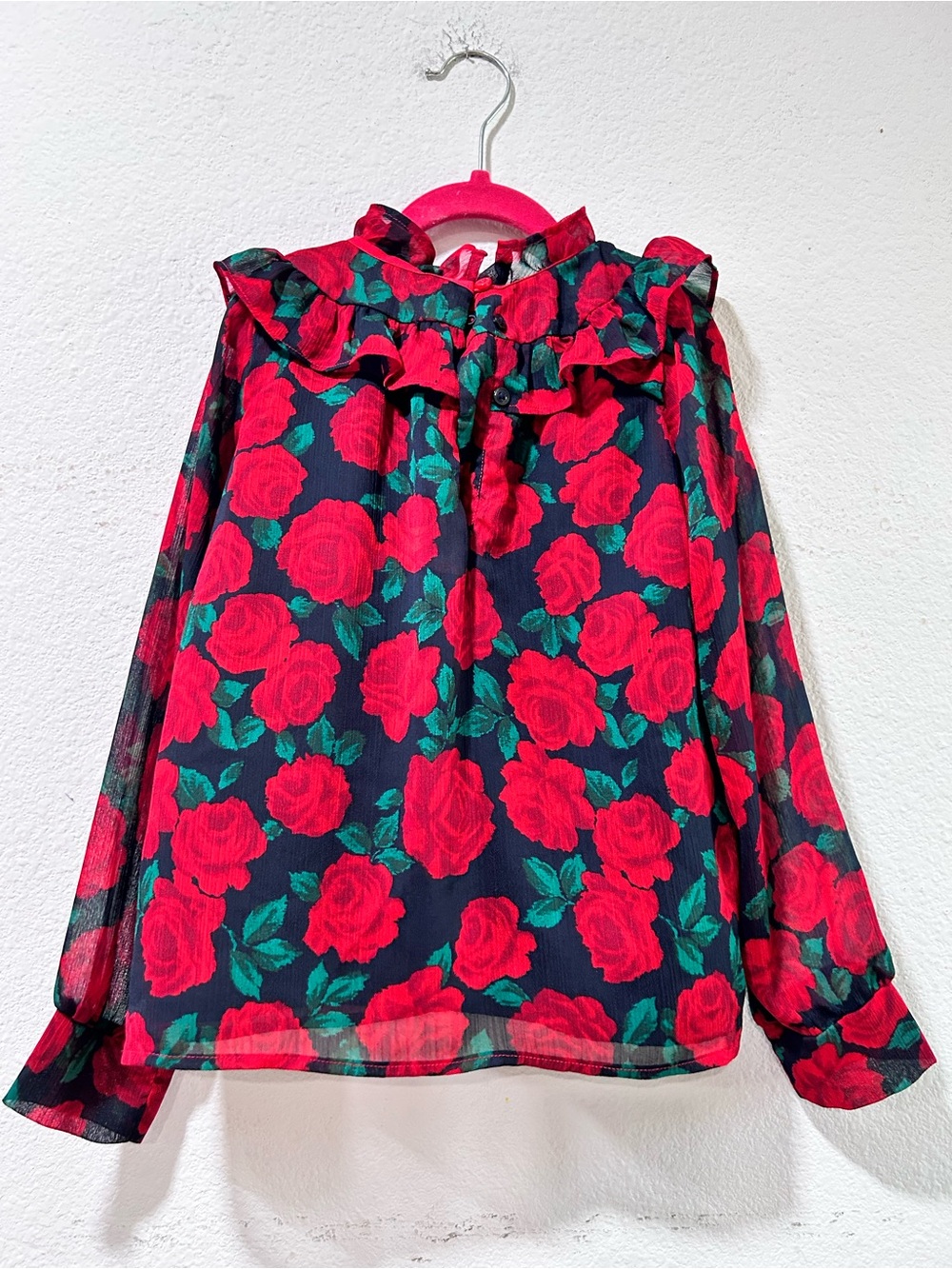 Janie and Jack Navy Blouse with Bright Red Rose Print and Green Leaves